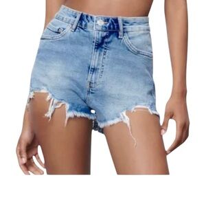 Zara Light Wash Raw Chewed Hem  High-Waisted Distressed Jean Shorts